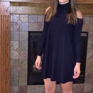 Off-the-Shoulder Navy Blue Babydoll Swing Mini Dress Mock Neckline